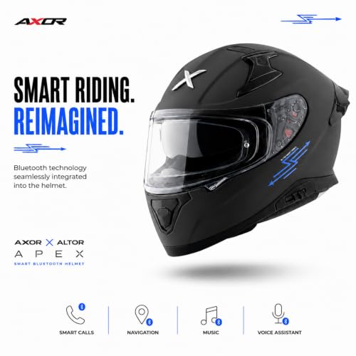 Image of Axor x Altor Apex Smart Bluetooth ECE DOT ISI Certified Full Face Helmet for Bike - Swipe Control, Voice Assistant, Turn-by-Turn Navigation and Dual Visor-Dull Black-L
