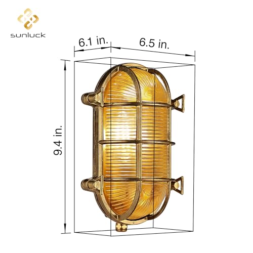 Image of Sunluck Brass Bulkhead Light,Grid Oval Nautical Wall Sconces,Lampshade,Ceiling Mount Lighting,Brass Sauna Light Waterproof IP54,Rust Resistant,for Decoration Cafe,Bar,Porches,Patios,Restaurants