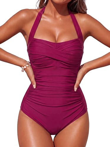 Image of Smismivo Tummy Control Swimwear Halter One Piece Slimming Vintage Retro Swimsuit Womens Ruched Push Up Bathing Suit