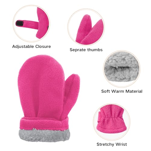 Image of 2 Pairs Toddler Mittens Unisex Lined Fleece Gloves Winter Warm kids Mitten for Baby Boys and Girls Rose Red&Pink