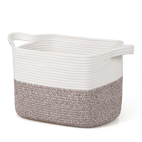 Vazpalas Blanket Storage Basket for Dog Toys, Woven Laundry Bathroom Cube Baskets with Handles for Kids Toy Decor, Big Fabric Rope Cotton Organizer Baskets Blanket Bin, White/Brown