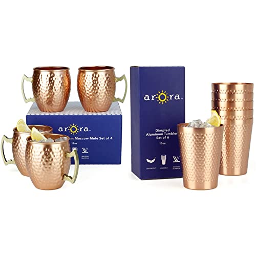 Arora Metal Anodized Hammered Copper Moscow Mule Mug Set 18oz Mug | Set of 4 & Metal Anodized Hammered Copper Tumbler Set | Best Aluminum Cold-Drink Cup | 15oz Cup | Set of 6