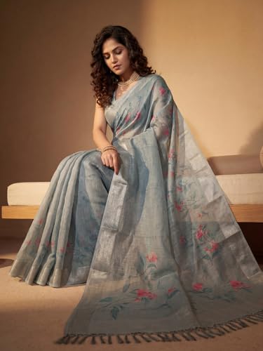 Image of AKHILAM Women's Floral Printed Handloom Cotton Silk Saree with Zari Border and Tassel Pallu Unstitched Blouse Piece | Traditional Ethnic Wear Sarees | Women saree silk | Festive Sari Women's
