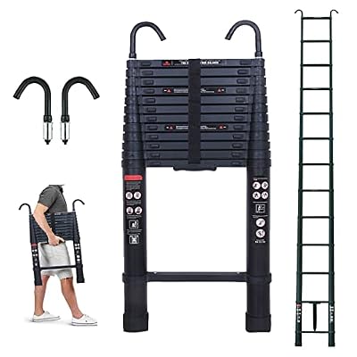 Telescoping Ladder with 2 Detachable Roof Hooks, 16 FT Aluminum Extension Ladder Step Ladders Loft Ladder Attic Ladder Collapsible Ladders for Home, Multi-Purpose Telescopic Ladder, 330 lb Capacity
