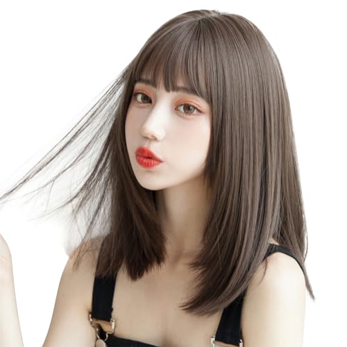 FINGOOO ウィッグ ミディアム ストレート 黒髪 セミロング フルウィッグ カツラ かつら wig 女性 女装 ロリータ コスプレ 小顔 自然 耐熱 人工毛 ネット付き (セミロング アッシュブラウン)