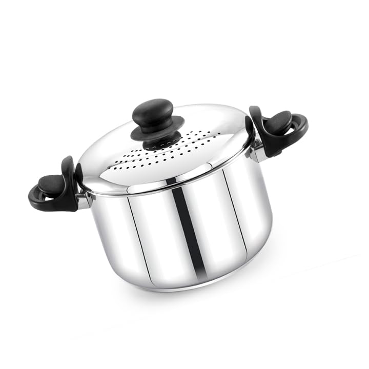 Image of Praylady 3.0L Stainless Steel Strainer Pot (Without Glass Lid), Pasta - Multipurpose for Pasta, Rice & Noodles with Built-in Strainer Lid, Induction Base, Dishwasher Safe, 2-Year Warranty