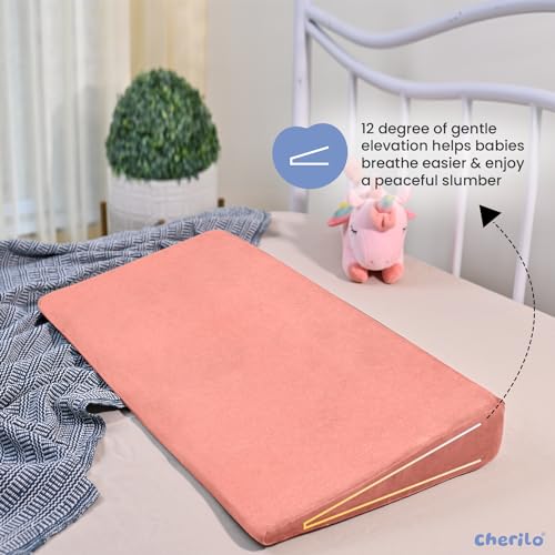 Image of Cherilo Full Size Elevated Wedge Pillow for Baby Crib & Mattress, Helps to Elevate Baby for Acid Reflux, Colic, GERD, Heat Burn & Vomiting | 28 inch x 14 inch x 3.5 inch | - with Removable Velvet Cover - Peach