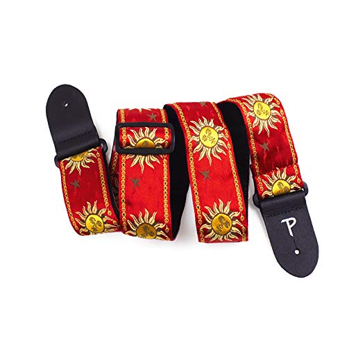 Perri’s Leathers Adjustable Guitar Straps For Kids, Men & Women - Jacquard Guitar Strap For Acoustic, Bass And Electric Guitars - Guitar - Adjustable Size - Red With Sunshine Motif #TOP1