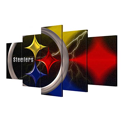 Pittsburgh Steelers Logo Paintings Canvas Wall Art HD Prints Patriot Modern House Decor Wooden Pictures 5 Panel Art Contemporary Home Decor for Living Room Framed Stretched Ready to Hang(60''Wx32''H)