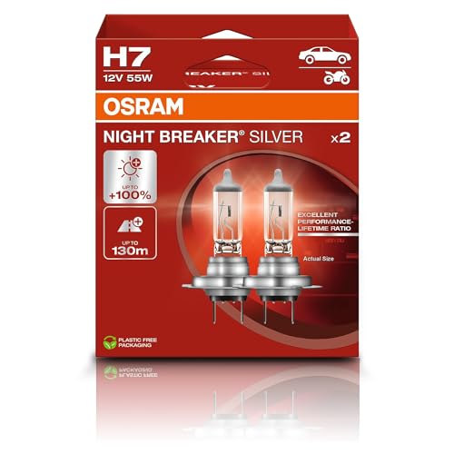 Osram NIGHT BREAKER SILVER H7, +100% mehr Helligkeit, Halogen-Scheinwerferlampe, 64210NBS-2HB, 12V Pkw, Hängebox (2 Lampen)