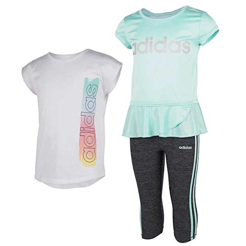 Adidas Little Girl's 3 Piece Set, 2 Scoop Neck T-Shirts, 1 Legging (White/Grey/Mint, 5)