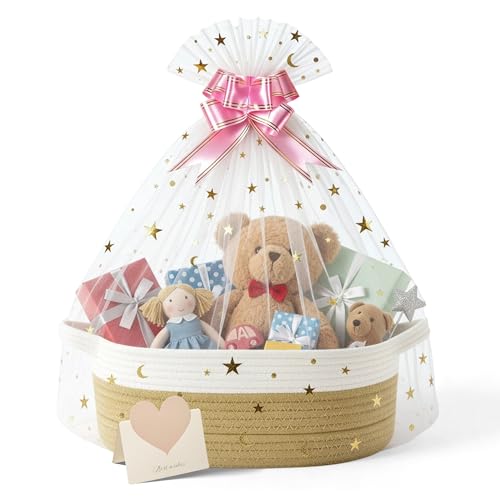 Cesta de regalo vacía, cesta para regalos, cesta de regalo con tarjeta de felicitación y lazo, cesta de regalo vacía para baby shower, cumpleaños, bodas, Pascua, Acción de Gracias, Navidad (caqui)