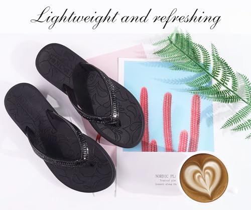 Image of ONCAI Women's Flip Flops with Rhinestone, Arch Support Yoga Mat Comfort Walking Summer Beach Thong Sandals with Plantar Fasciitis Rubber Soles US Size 5-11