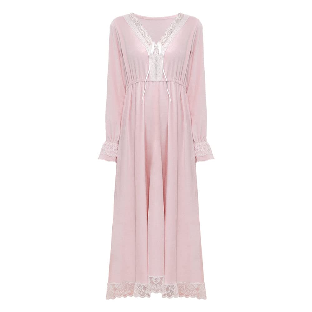 Camisón De Noche Para Mujer,Camisones De Mujer De Manga Larga Rosa Estilo Princesa De Franela Encaje Suave Suelto Con Cuello En V Camisón Camisones Informales Transpirables Camisón Largo Ropa De