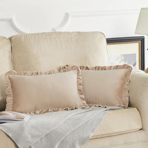 Image of Amazon Brand - Umi Velvet Beige 12x20 Pillow Covers, Set of 2 Decorative Ruffle Cushoin Pillow Covers for Sofa Couch