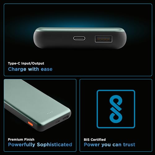 Image of URBN Power Bank 10,000mAh Ultra Slim 12W | Dual Port Type C Input /Output | BIS Certified | 4-Layer Circuit Protection | 6-Month Replacement Warranty | Made in India | Free Type C Cable - Green