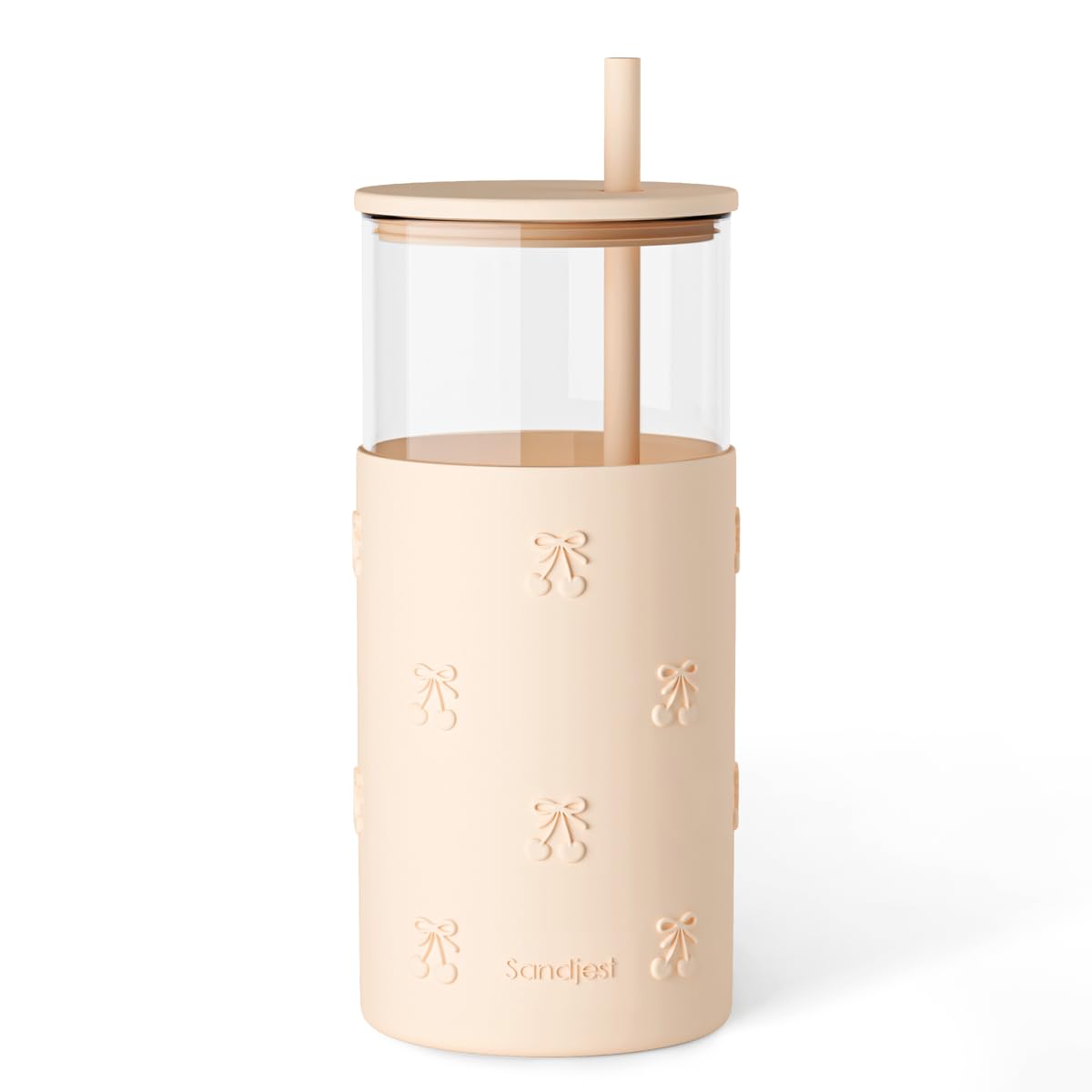 SANDJEST Glass Water Bottle with Silicone Sleeve 20oz, Glass Tumbler with Straw and Lid, Smoothie and Iced Coffee Cup, Cherry Gifts for Women Teen Girls Birthday Christmas