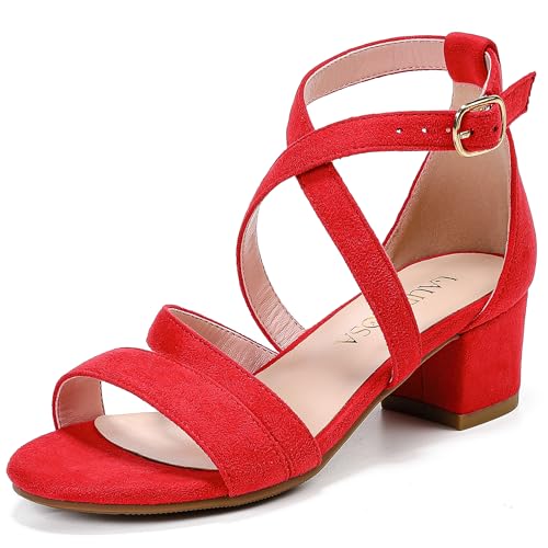 LAURMOSA Girls' Sandals - Dress Shoes for Kids, Open Toe Heels, High Strap Heels for Little Big Kids - Fashion Shoes for Flower Wedding Party, Graduation (L1009SuRed 4)