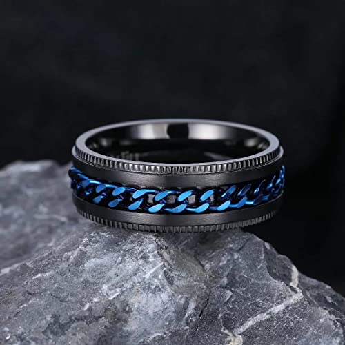 Image of King Will Black /Blue Stainless Steel 8mm Rings for Men Center Chain Spinner Ring, Size 7-14