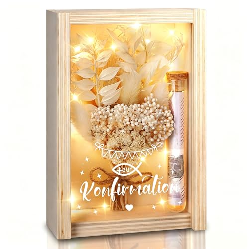 Konfirmation Geschenk Geldgeschenk Konfirmation und Kommunion für Mädchen und Jungen inklusive Getrocknete Blumen Holzbox Kunststoff Reagenzglas Lichterketten Geldgeschenke Verpackung (Beige)