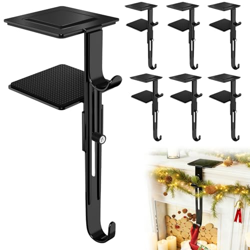 RGJ 6 Pack Christmas Fireplace Stocking and Garland Hanger, 2 in 1 Adjustable Mantle Garland Hanger, No Drill Stocking Holder Hanger for Mantle, Fits Mantles from 0.5