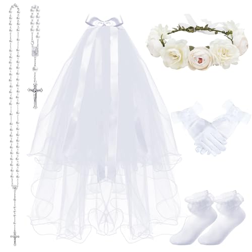 Funtery 6 Pcs First Communion Veils Girls Catholic Set 1st Communion Wreath Veil Headpiece Sock Necklace Bracelet Kid Wedding(Vivid Style)