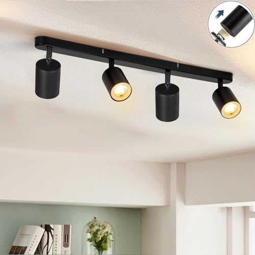SGGSHENNAN 4 Way Track Lighting Kit Flexibly Rotatable Track Light Ceiling Kitchen LED Ceiling spot Light for Bedroom, Picture Wall, Hallway, Office, Bar, GU10 Socket (Black-4)