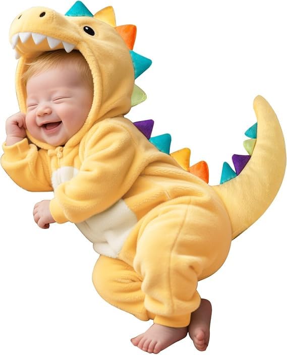 Baby Halloween Costume Toddler Dinosaur Costume Fuzzy Warm Dinosaur Dragon Hooded Romper Funny Cosplay Zip-Up Jumpsuit Fall Winter Animal Outfit Unisex 1-9 Months