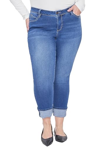 Royalty For Me Women's Plus Wannabettabutt Mid-Rise Mega Cuff Ankle Jean, Medium Blue, 24W