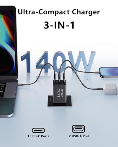 Image of 140W USB C Laptop Charger Block, Foldable GaN Fast Charger, Type C Charging Block, Fast Charging Adapter for MacBook Pro /Air, iPad, iPhone, Samsung Galaxy (Grey)