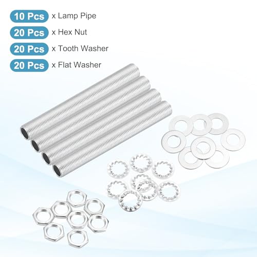 Image of MECCANIXITY 70Pcs 3.5 inch Lamp Pipe Nipples Kit with Hex Nuts Washers, M10 Fine Threaded Hollow Tube Repair Hardware Fasteners Assortment for Assembly Chandelier Ceiling Lamp DIY, Silver
