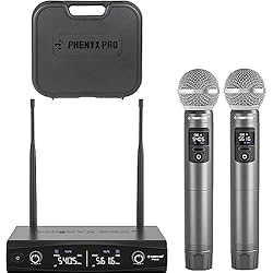 Sistema De Microfonos Phenyx Pro Sistema de Micrófono Inalámbrico con Estuche, Set de Micrófono Inalámbrico de Mano para Canto, Karaoke, Iglesia, 2x30 Frecuencias UHF Ajustables, Alcance 200ft (PTU-52)