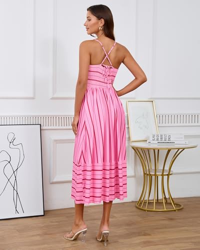 Image of Fashionme Womens Summer Maxi Dresses 2026 Trendy Striped Vacation Boho Beach Spaghetti Strap Sundress Back Tie with Pockets