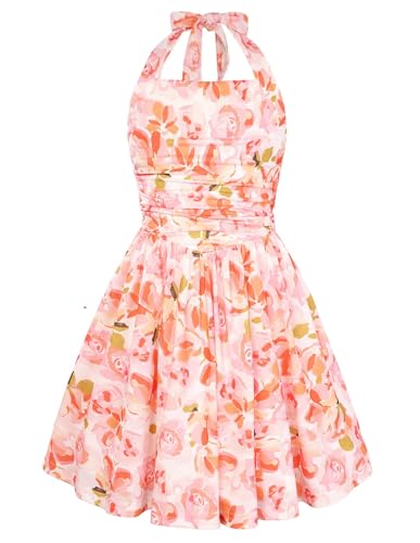 GRACE KARIN Tween Girls Summer Hawaiian Beach Party Sundress Easter Dress for Girl Halter Neck Backless Dress Size 10 Orange Floral