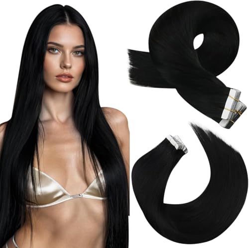Moresoo Tape in Hair Extensions Real Human Hair 18 Inch Jet Black Remy Hair Extensions for Women Silky Straight Natural Looking 20pcs/50g #1