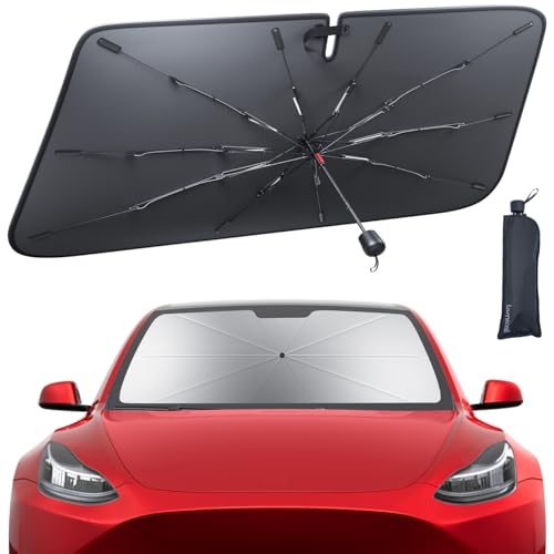 Tesla Model 3/Y Windshield Sunshade - 2026 Foldable Car Windshield Sun Shade Umbrella, 5-Layer UV Block, 10-Rib Frame, for Tesla Model 3/Y (2017-2026) Interior Sun Protection, Tesla Accessories