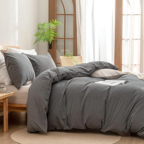 Image of BESTOUCH Cotton Solid Duvet Cover Set Linen Feel Dark Grey Alaska King | 100% Washed Cotton, Soft Wrinkle Texture, Hidden Zipper, 8 Ties, Breathable Lightweight Durable Comfy, 3 Pcs No Insert