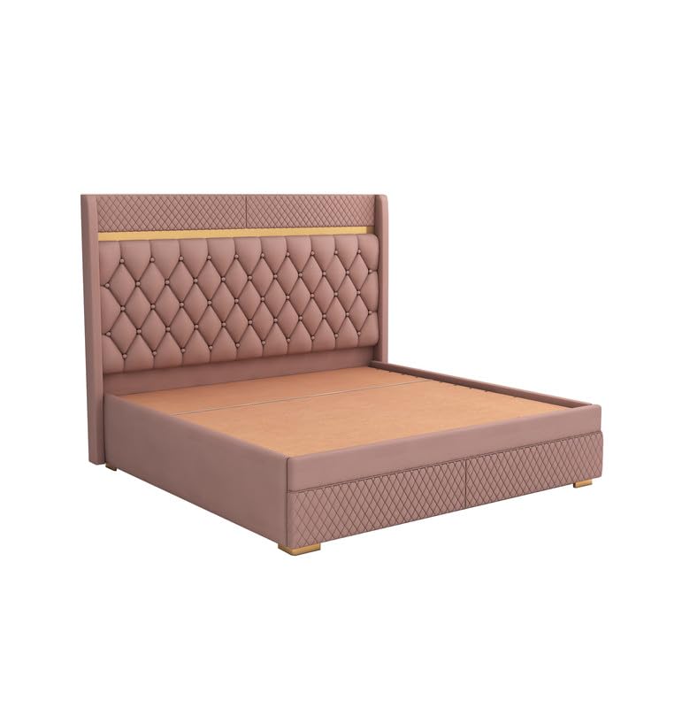 Image of MAMTA DECORATION Solid Wood King Size Bed with Hydraulic Box Storage | Premium Velvet Upholstered Tufted Headboard Double Bed | Wooden Cot Bed for Bedroom, Home, Hotel & Guest Room | Onion Pink Finish