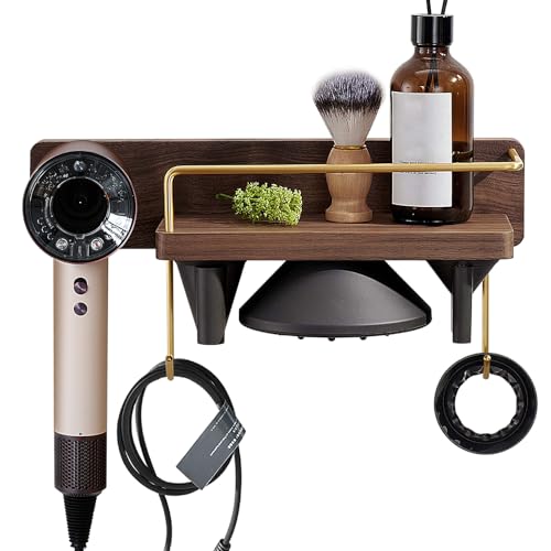 CATOOMUU for Dyson Supersonic & Nural HD16 Wall Mount Stand Walnut Wood Hair Dryer Holder 3 Metal Rings + 2 Copper Hooks + Shelf Blow Dryer Accessories Organizer for Bathroom