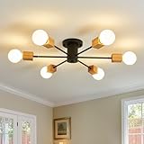 Fivootvi Semi Flush Mount Wood Ceiling Light Fixture 6-Lights Rustic Wooden Sputnik Chandelier Farmhouse Ceiling Lighting Oak and Black with E26 for Dining Room Bedroom Kitchen Lighting Fixture.