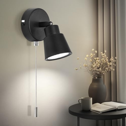 TaFiCo Negro Lámpara de Pared con Interruptor de Tirador GU10 - Lámpara de Pared Retro Interior Giratorio 350° - Aplique de Pared de 50 W con Interruptor para Dormitorio Salón Cocina - Sin Bombilla