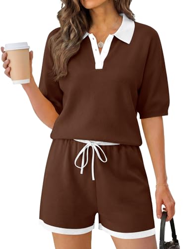 Image of Tankaneo Womens 2 Piece Short Sets Short Sleeve Knit Tops Vacation Outfits | Sweater Fabric, 2026 Summer, Collared, Matching Lounge Set