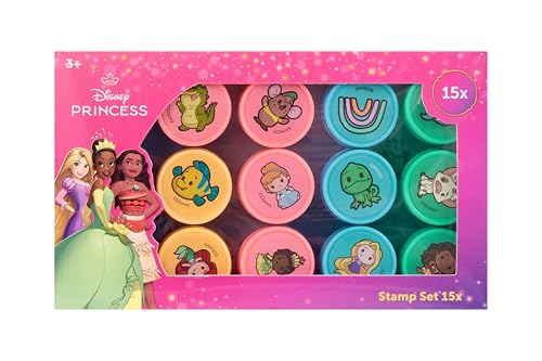 Disney Princess Set di 15 timbri per bambini con Rapunzel, Vaiana e Tiana | Kit di fai da te per ragazze dai 3 anni in su | Giocattolo creativo per compleanno di bambini e piccolo regalo | Certificato