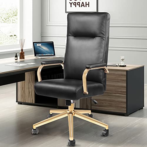 Toszn Black And Gold Office Chair, Office Chair Gold, Executive Office Chair With Back Support And Armrest, High Back Leather Office Chair For Women, Desk Chairs With Wheels And Gold Legs, Black #TOP1