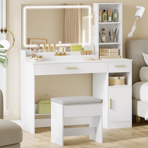HEXCELEN Tocador con Taburete, Tocador de Maquillaje con Espejo y Luces LED con Brillo Ajustable, Mesa de Maquillaje, 2 Cajones, 4 Compartimentos y 1 Armario, 40 x 108 x 141 cm Blanco