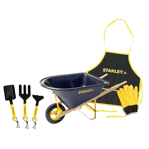 Stanley Jr. Kids Wheelbarrow Set â€“ 6-Piece Durable Toddler Wheelbarrow & Garden Tools â€“ Child Outdoor Toy for Ages 3+ â€“ Fun, Educational Backyard Play with Apron, Gloves & Tools