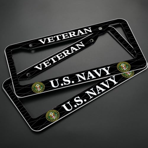 Image of 2PCS License Plate Frames for Veteran U.S.Navy,Car License Plate Bracket Holder, Premium Aluminum Alloy Weather Proof License Plate Covers with Screw Caps Cover Set Car Accessories