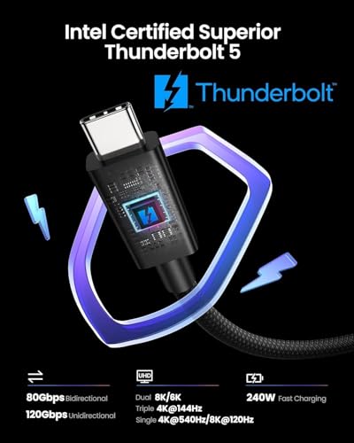 Image of Wefly 80Gbps Thunderbolt 5 Cable with up to 120Gbps Bandwidth Boost and 240W Charging in Black - 1m / 3.3ft, Compatible with Thunderbolt 4, USB4, Thunderbolt 3 and USB-C