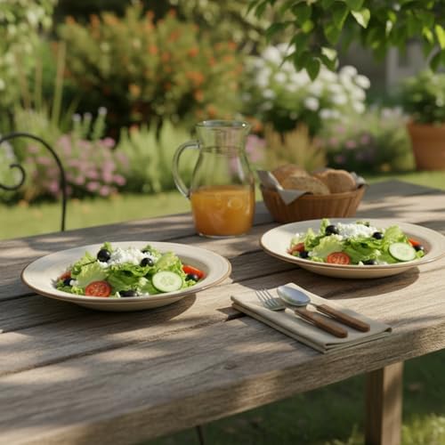 Image of Ceramic Pasta Bowls Set of 2 | 7 Inch Handmade Deep Soup Plates | Microwave Oven Safe Serving Bowls | Floral Hand-Painted Stoneware Salad Bowls (2, Beige)