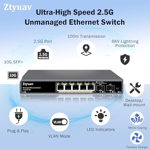 Image of 7 Port Unmanaged 2.5G Ethernet Switch with 5 x 2.5G RJ-45 Base-T Ports, 2 x 10G SFP+, Ports Speed Auto-Negotiation-100 /1000 /2500Mbps, One-Key VLAN, Desktop /Wall Mount, Fanless & Metal